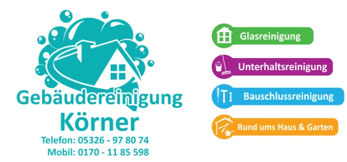 Logo der Gebäudereinigung Körner aus Langelsheim bei Goslar mit Leistungen wie Unterhaltsreinigung, Glasreinigung, Bauschlussreinigung sowie Garten- und Hausservice.