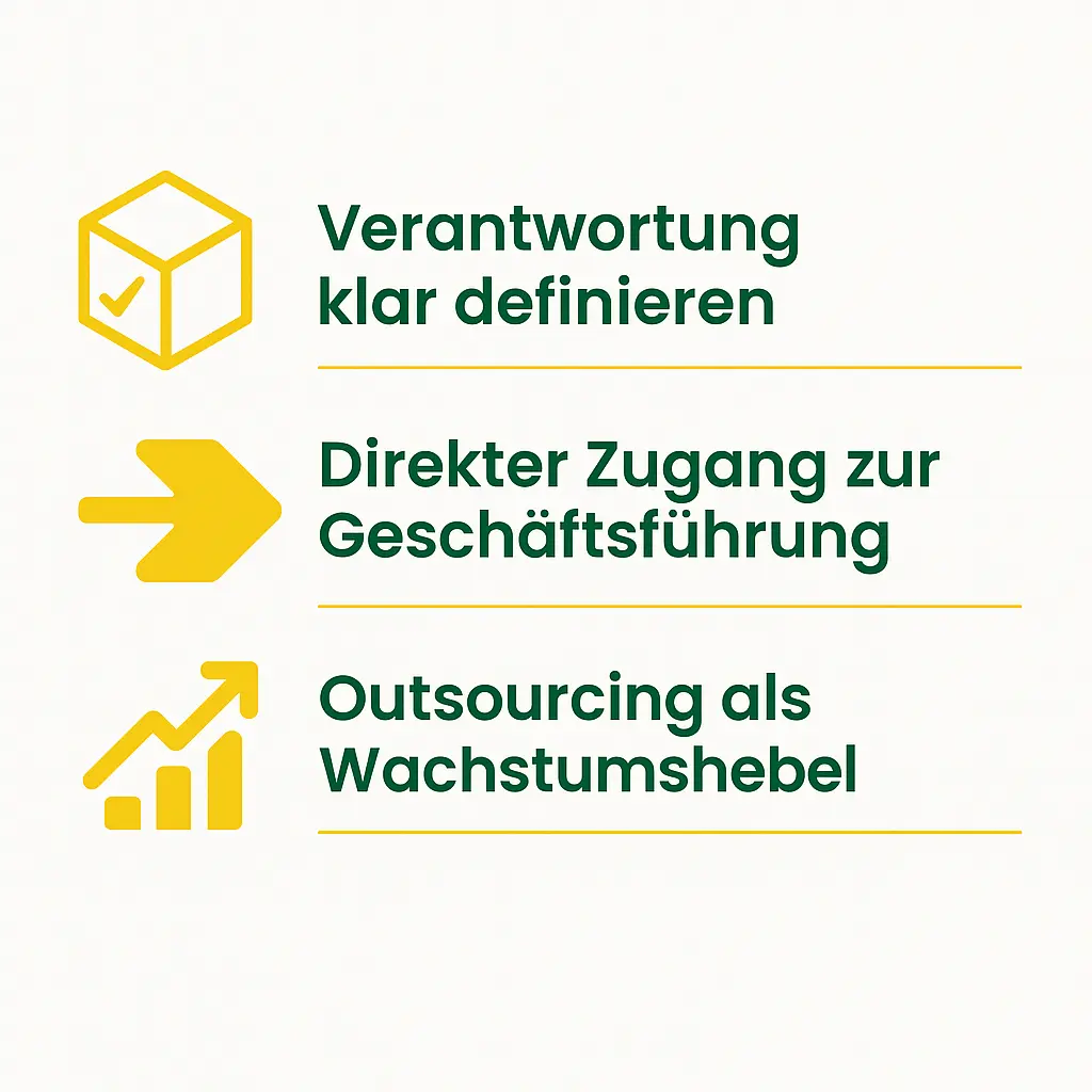 Infografik: Verantwortung definieren, Zugang zur Geschäftsführung, Outsourcing als Wachstumshebel – PackerCrew GmbH
