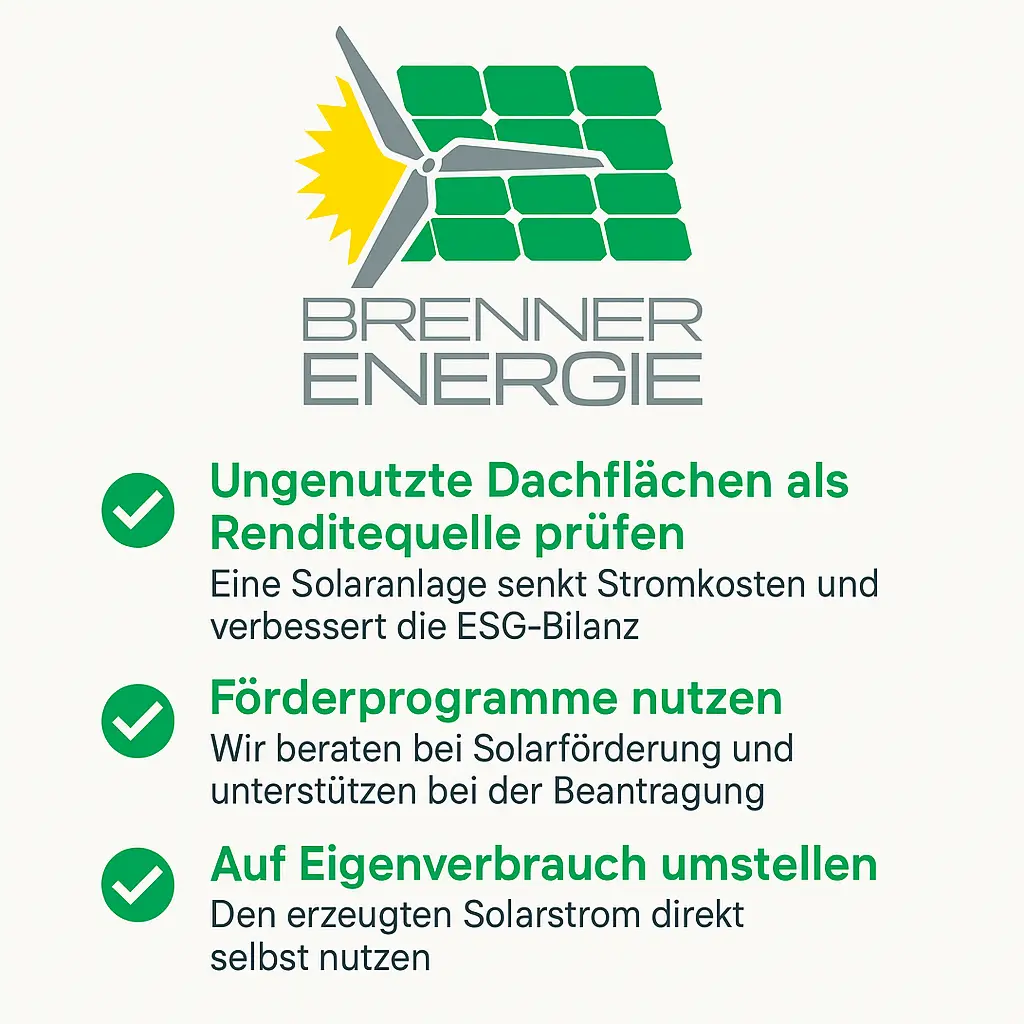 Infografik Brenner Energie GmbH: Solaranlage kaufen – Dachflächen nutzen, Förderprogramme beantragen, Eigenverbrauch optimieren