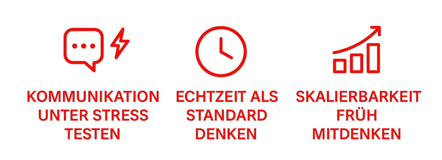 Infografik mit drei Handlungsempfehlungen zur digitalen Kommunikation: Kommunikation testen, Echtzeit denken, Skalierbarkeit planen.