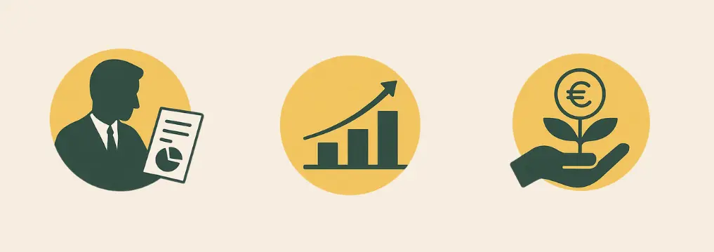 Infografik der Deutschen Vermögensberatung Hasslwanter & Team in Innsbruck mit Symbolen für Allfinanzberatung, Vermögensaufbau und Wachstum