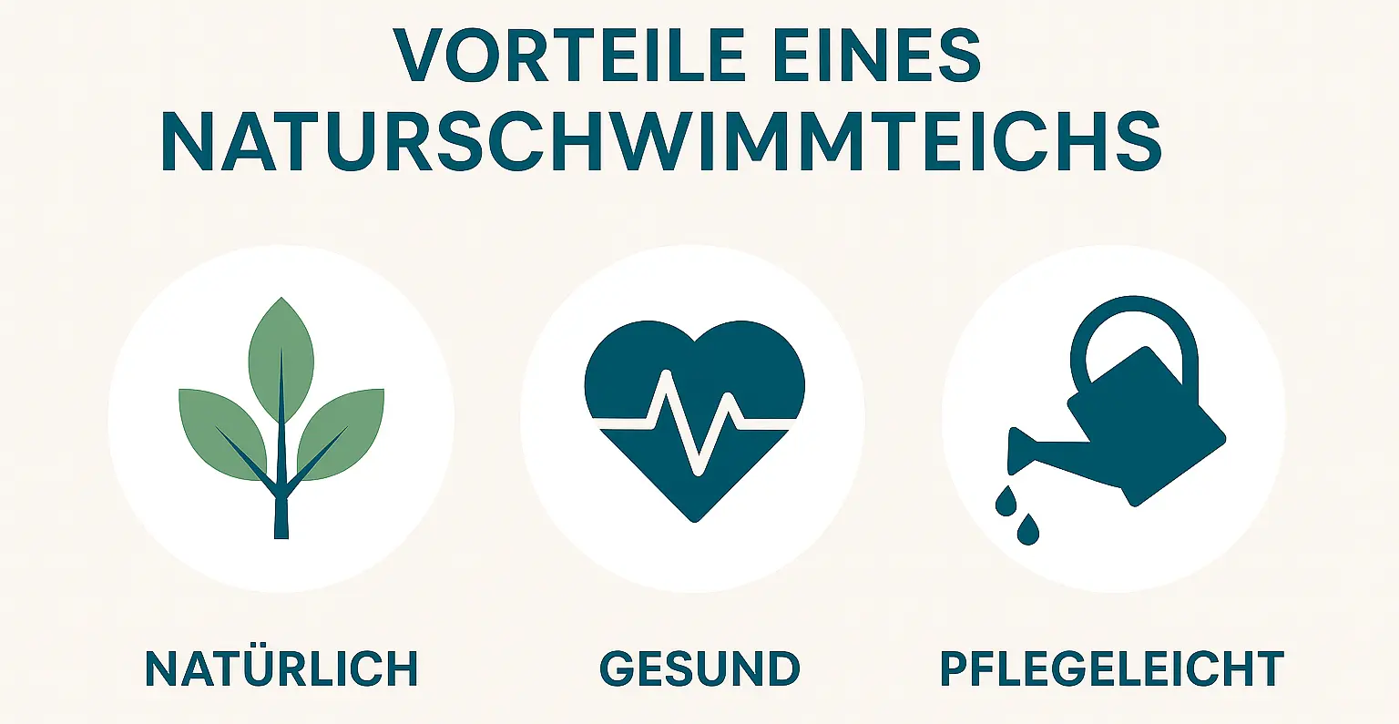 Grafik mit Vorteilen eines Naturschwimmteichs: natürlich, gesund und pflegeleicht