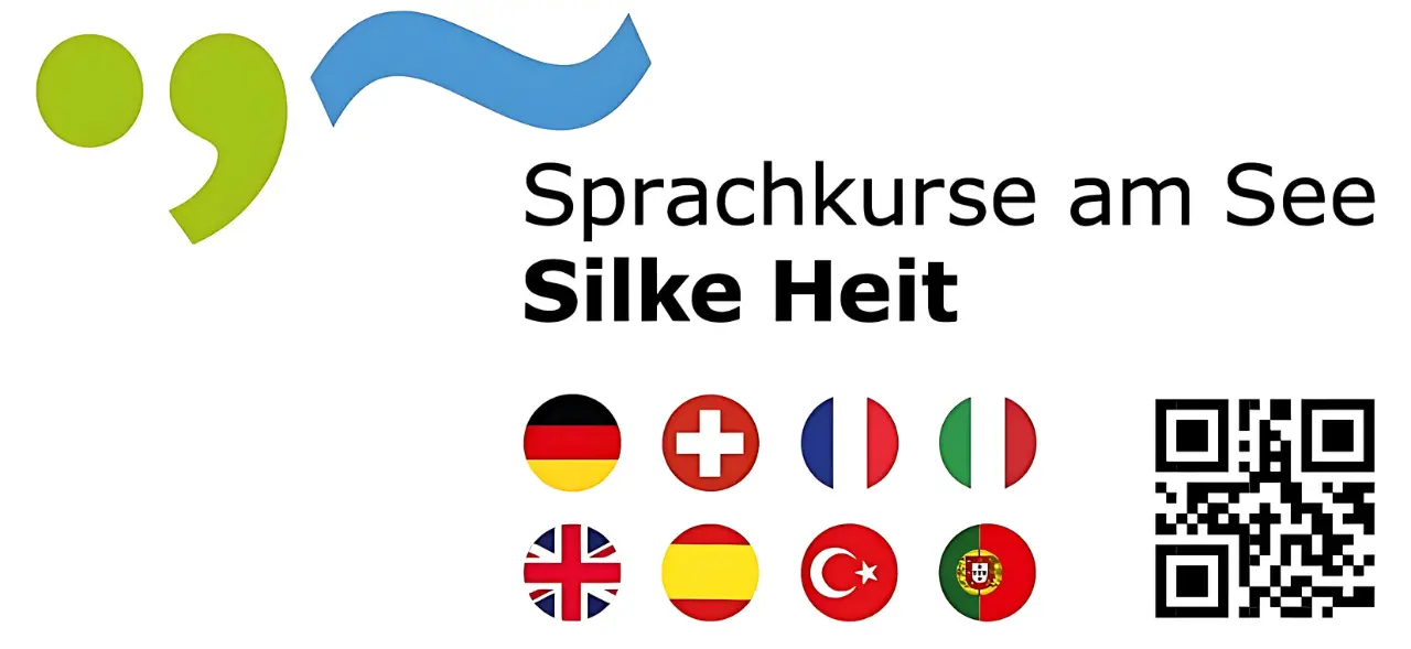 Logo der Sprachkurse am See Silke Heit GmbH mit Länderflaggen und QR-Code – Sprachkurse Bodensee