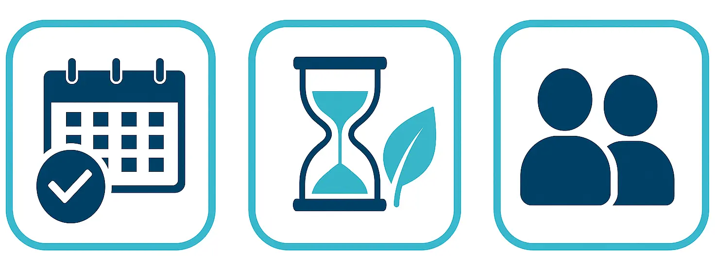 Grafik mit Symbolen für vorausschauende Planung, nachhaltige Qualität und regionale Nähe – zentrale Werte der MK Pools GmbH im Poolbau Graz.